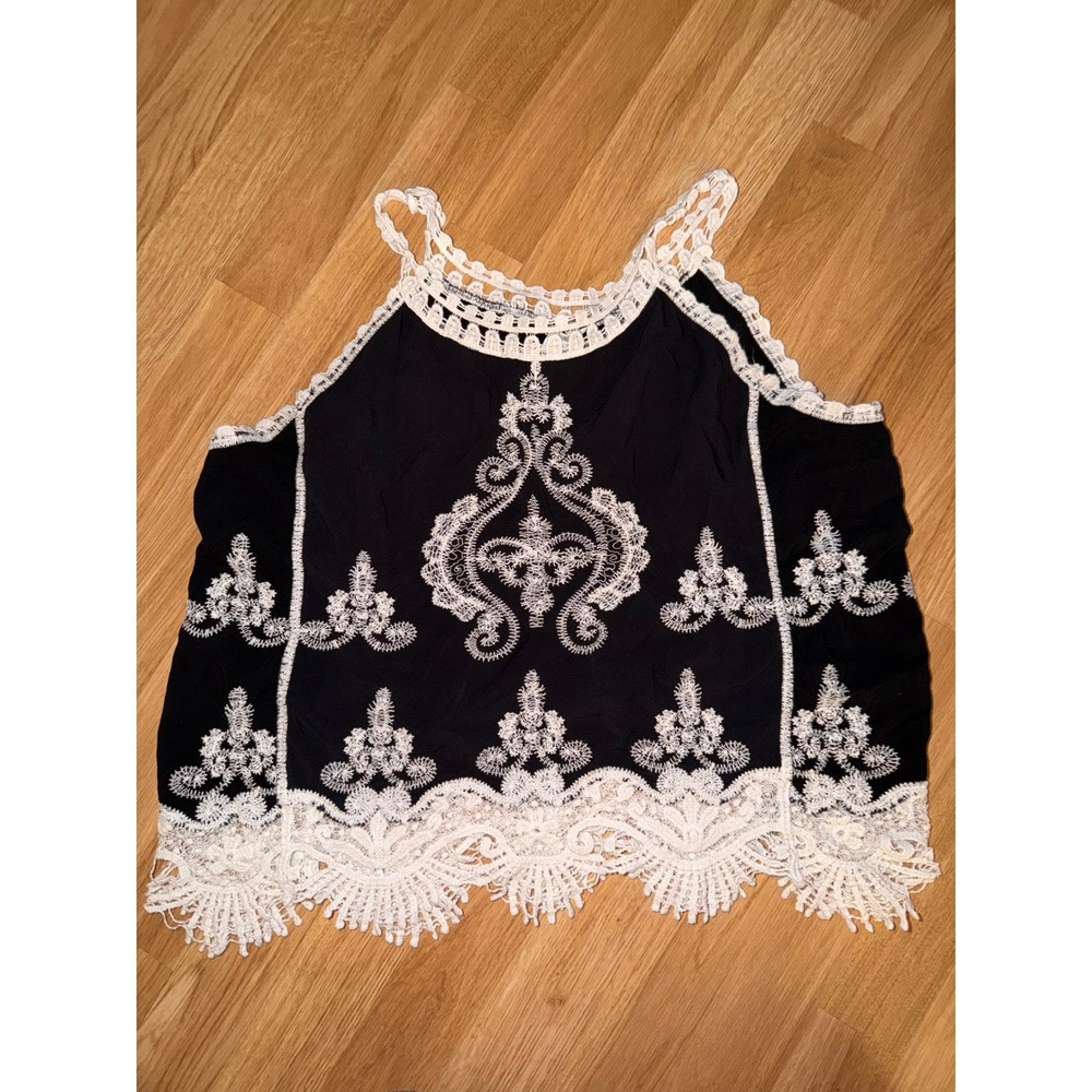 Ultra Pink Boho Embroidered Crochet Lace Trim Tank Top Black White XL